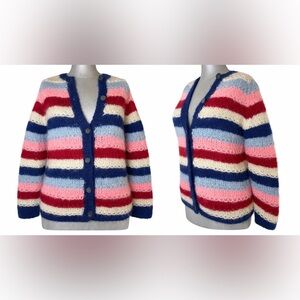 Vintage PERSEUS Hand-Knit Mohair Blend Striped Cardigan 1960’s Made in ItalyM/L